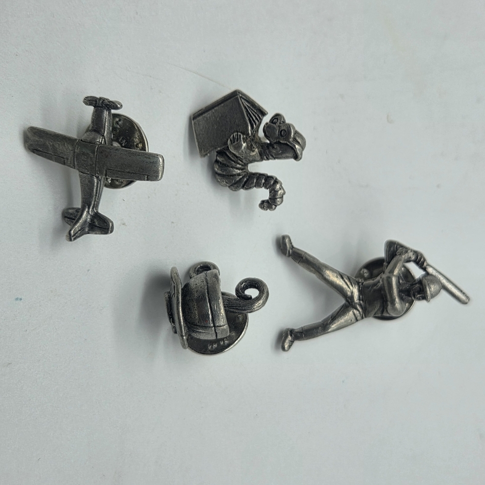 lot of 4 clift pin backs airplane bookworm mug baseball player pewter signed
